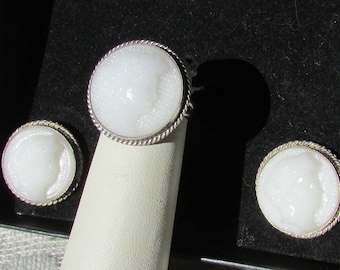 Vintage RARE milk glass cameo set sterling earrings and ring size 7 demi parure in box Victorian revival free shipping USA