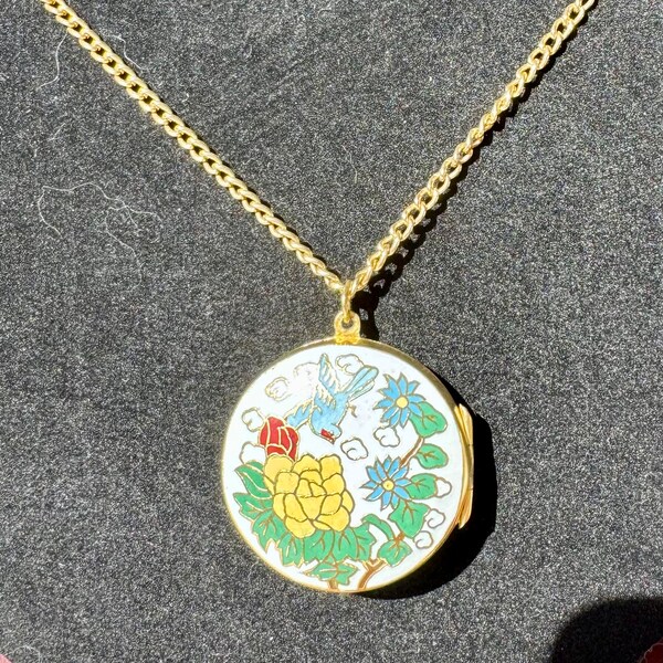 Vintage Victorian Revival faux cloisonne enamel and gold  plated double sided locket necklace with chain free shipping USA