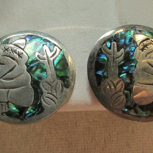 Vintage abalone sterling Mexico Taxco earrings signed screw on man and cactus estate find beach boho summer free shipping USA