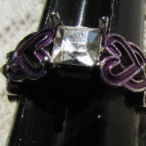 Vintage ring purple enamel hearts CZ or rhinestone silver finish cocktail costume ring  size 7 boho statement ring free shipping USA