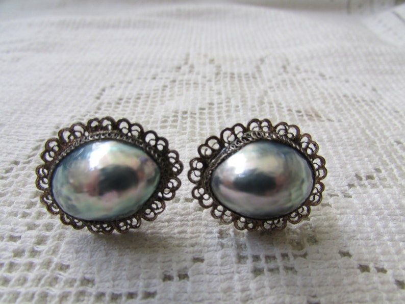 Vintage silver filigree Osmena pearl set parure brooch ring earrings estate find free shipping USA