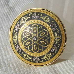 vintage genuine Toledo Damascene unisex brooch midcentury round geometric 2 color gold with silver Spain souvenir FREE shipping USA
