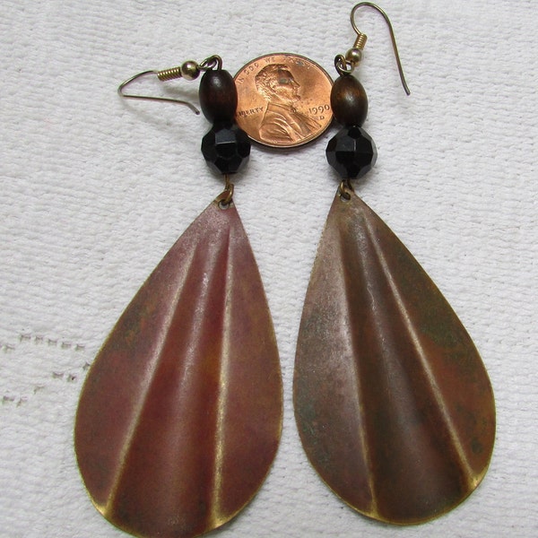 Vintage earrings antique copper patina brass pierced modernist long dangle drops 60's boho hippie beatnik classics free shipping USA