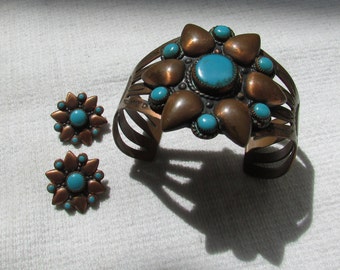 Vintage copper Southwestern Bell Trading Post solid copper faux turquoise wide cuff bracelet earrings set tribal boho demi FREE SHIPPING USA