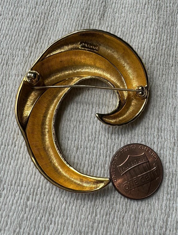vintage Broche Monet triple croissants à tourbillons côtelés 2 tons or