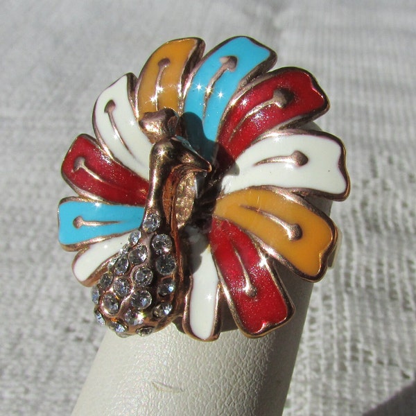 Vintage ring peacock enamel stainless steel band costume ring with rhinestones size 7.5 free shipping USA