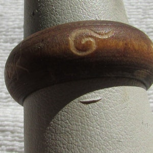 Vintage wood hand carved symbols Buddhist? unisex band ring hand made size 9.25 free shipping USA