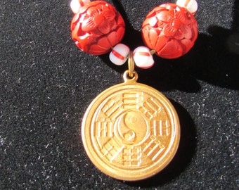 Vintage handcrafted unisex necklace unique brass amulet reversible yin yang dragon pendant OOAK  New Old Stock NOS free shipping USA