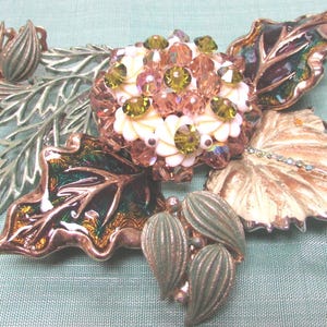 Vintage crystals and leaves spring green statement necklace jewelry lot  repurpose upcycle free shipping usa