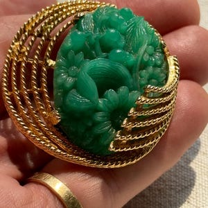 vintage faux jade Peking glass brooch art deco carved glass gift for mom free shipping USA