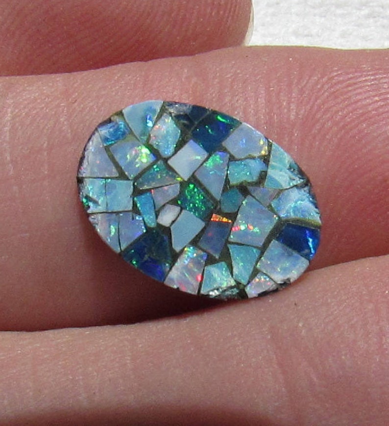 Vintage NOS mosaic opal doublet gemstone flat top cabochon Australian opal rainbow flash 14 x 10 oval metal back loose gemstone