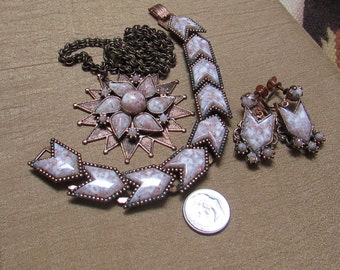 Vintage Selro style copper confetti Lucite chunky pendant necklace, bracelet and earrings set retro boho parure FREE shipping USA