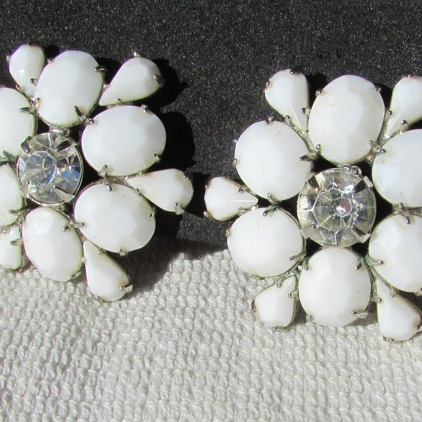 Vintage Weiss milk glass and clear rhinestone 50's clip on earrings prom, wedding glitz free shipping USA