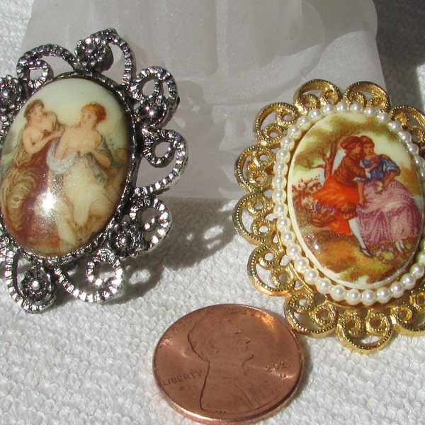 vintage 1960's oval Fragonard cameo broches lot of 2 Victorian revival transfer milk glass porcelain brooches cortejando el envío gratuito USA