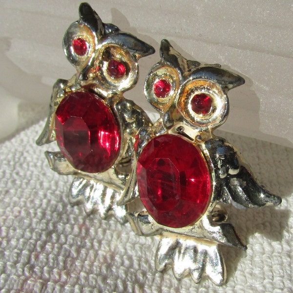 vintage 50's 60's owls scatter pins pair with red rhinestones faceted jelly belly style pin brooches lot of 2 free shipping USA