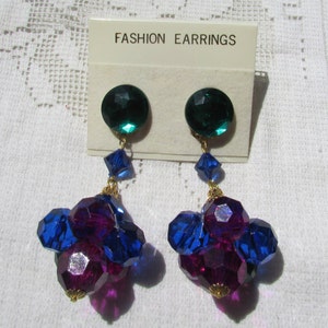 Vintage Lucite earrings HUGE retro clip on long chunky faceted Lucite dangles statement earrings wedding prom free shipping USA NOS on card