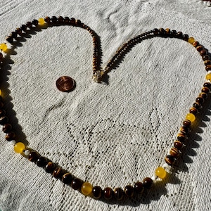 vintage gemstone necklace tiger eye and agate beaded clasp hand crafted designer signed clasp free shipping USA