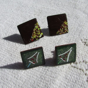 Vintage mid century copper and enamel  earrings lot of 2 square screw back  abstract modern Eames era free shipping USA
