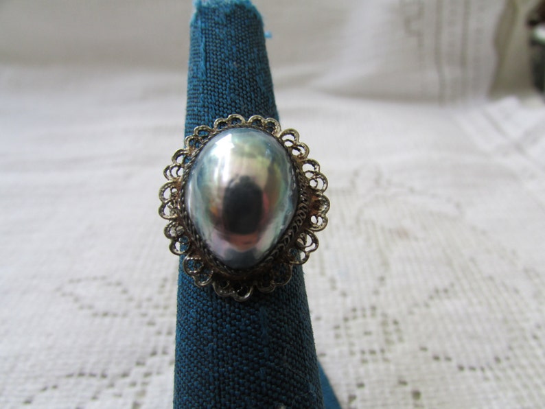 Vintage silver filigree Osmena pearl set parure brooch ring earrings estate find free shipping USA