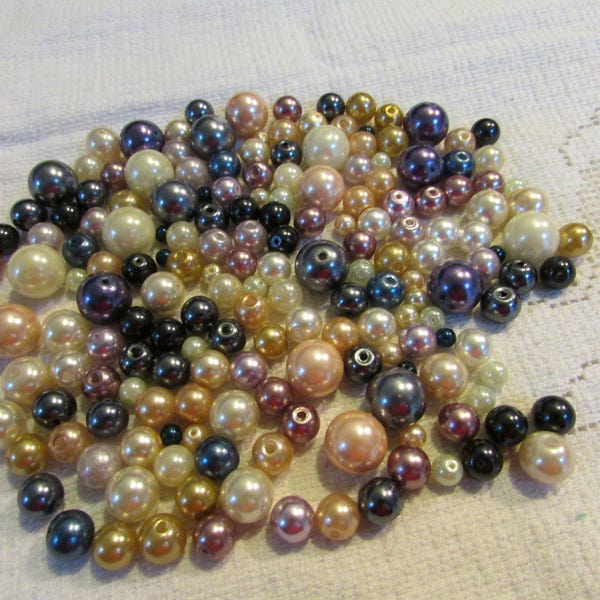 Vintage pearl 6 pack lots-mixed colors and sizes glass pearl beads NOS 5- 12 mm 6 pkgs of 12 per color/size 72 total white peach purple gray