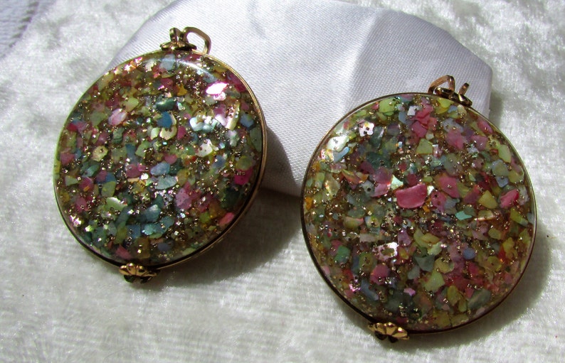 green gold and MOP glitter Lucite confetti rare style clip on earrings button covers Pink