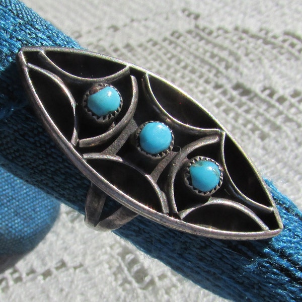 Vintage signed Zuni snake eyes pettipoint silver turquoise ring size 5 1/2 Native American Indian D A Dishta free shipping USA