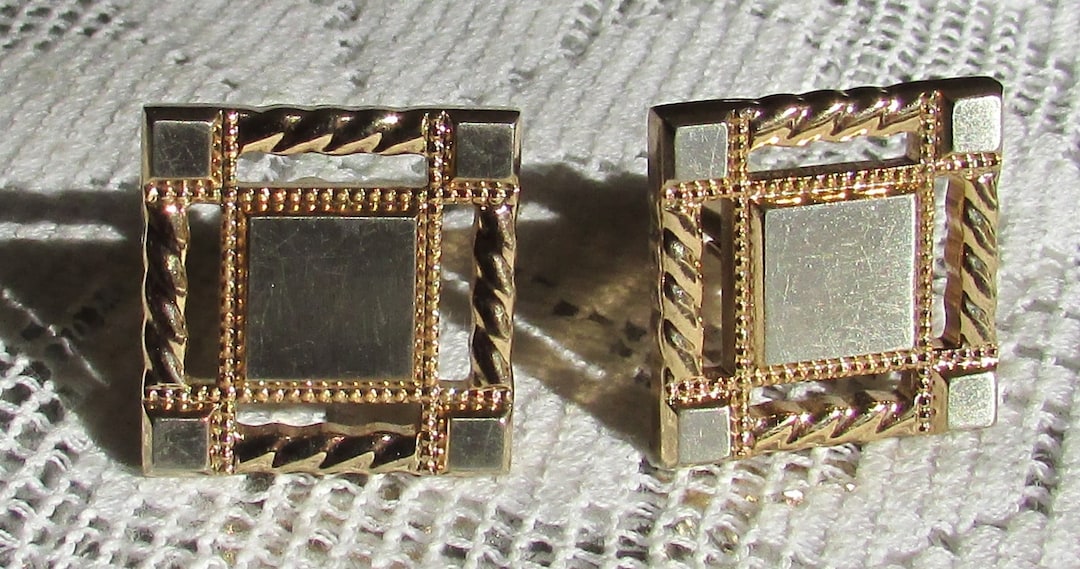 Boutons De Manchette Vintage Hickok USA à Carreaux Argentés - Occasion, Forme Carrée, Style Rétro