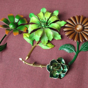 Vintage Enamel Flower Brooch, Green Enamel Flower Pin, Green