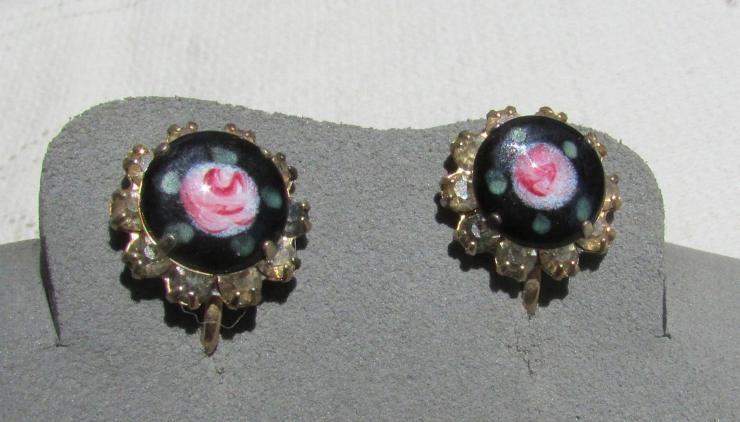 Vintage Pink Hand Painted Rose Guilloche Enamel Rhinestone Cluster ...