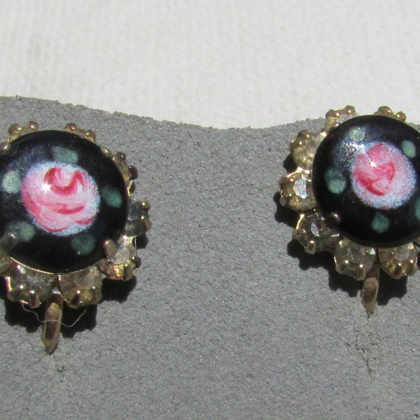 Vintage pink hand painted rose Guilloche enamel rhinestone cluster screw back Rockabilly mid century 50's 60's  earrings free shipping USA