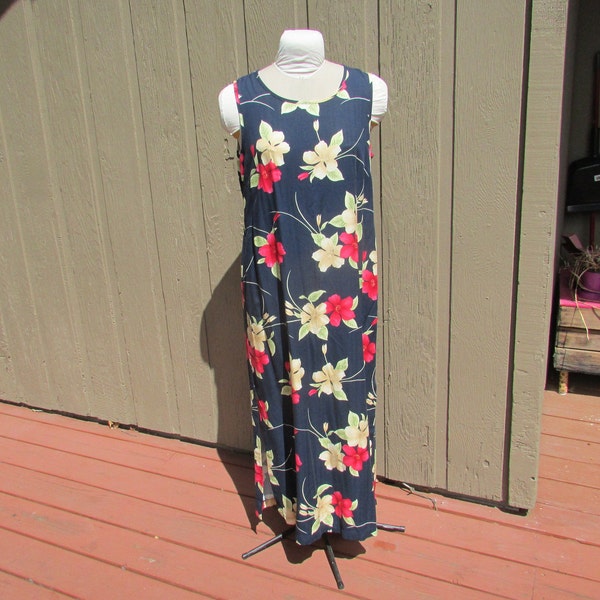 Vintage Karibik Joe Maxi Kleid lang marine twill tropical Hawaiian Sonnenkleid Aloha Hippie Boho Classic Gr.L Versandkostenfrei USA