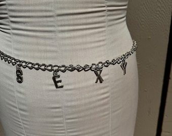 Vintage 1970's SEXY chain link belt silver plated with tag S E X Y belly chain disco queen boho accessory Festival FREE shipping USA only