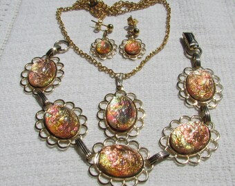 Vintage parure faux opal necklace, bracelet and earrings set fire opal faux opal bridal wedding prom free shipping USA