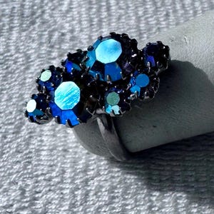 Vintage ring sparkling blue AB glass rhinestone cluster costume statement costume ring adjustable size 7 free shipping USA