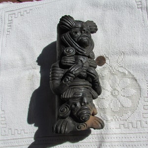 Vintage Dramatic pre-Columbian style black pottery mask vase statue Ancestral Aztec warrior god 50&#39;s Mexican Tiki decor free shipping USA