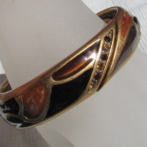 Vintage Chico's  80's shades of brown swirled enamel and rhinestone hinged bangle bracelet gold plated free shipping USA