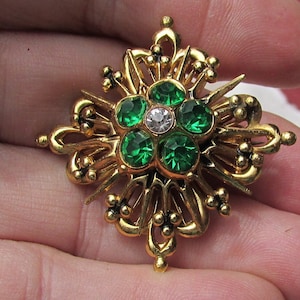 vintage Coro Victorian revival emerald green and crystal rhinestone pin brooch Victorian revival Maltese cross free shipping USA
