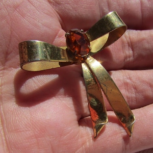Vintage 40's WWII sterling silver bow brooch pin gold washed faux topaz rhinestone free shipping USA