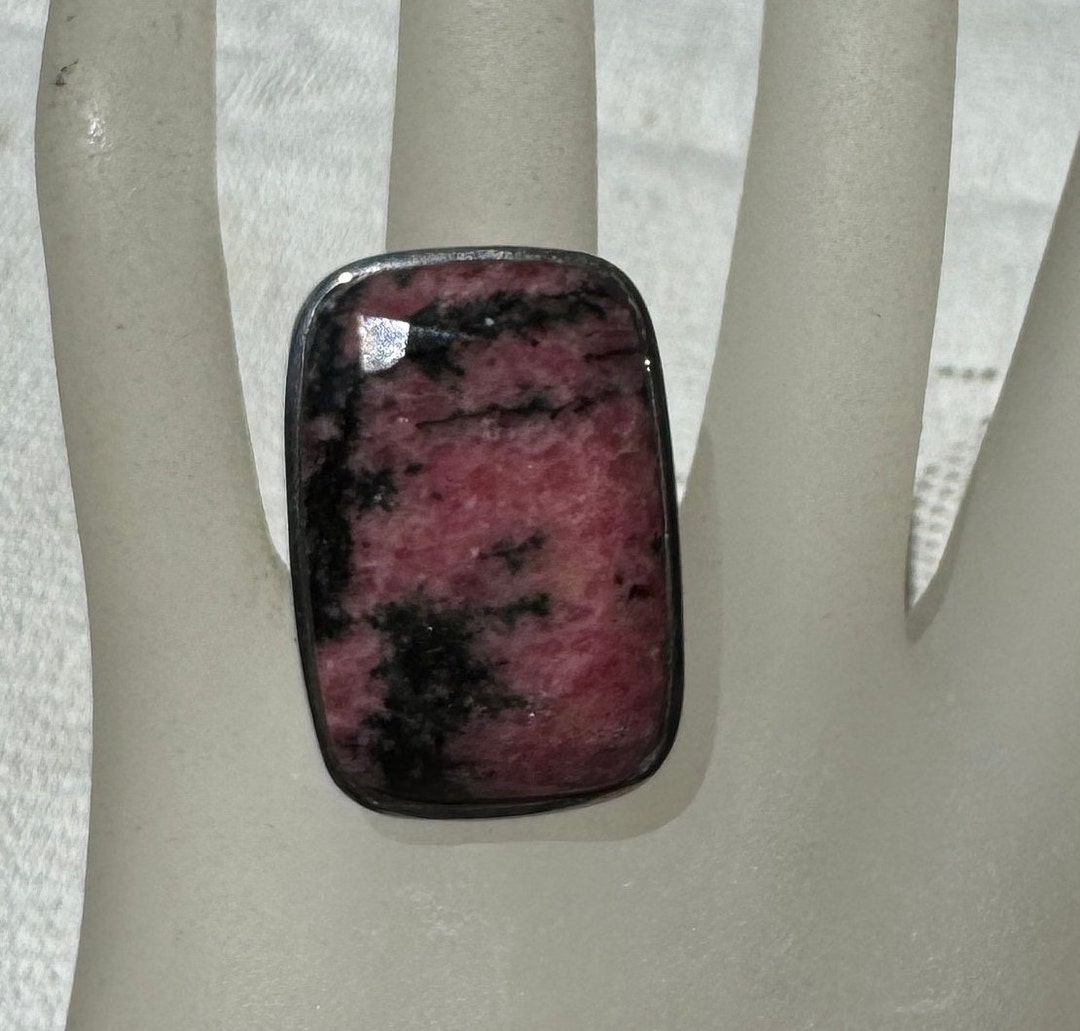 Vintage Massive Faceted Rhodonite Ring Pink and Black Stone Sterling ...