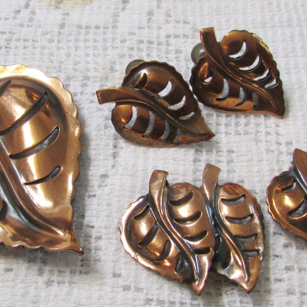 Vintage MCM copper leaf set demi parure mid century pins and earrings Eames era free shipping USA