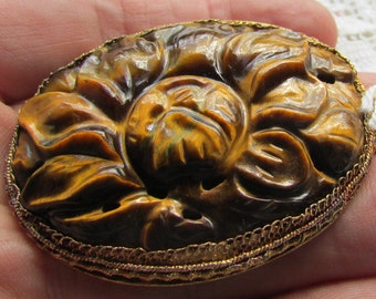 Vintage 60&#39;s large carved Chinese export tiger eye flower pendant NOS with tag FREE shipping USA only