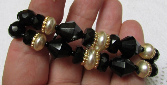 Vintage 80's 2 strand faceted black glass and fau… - image 1