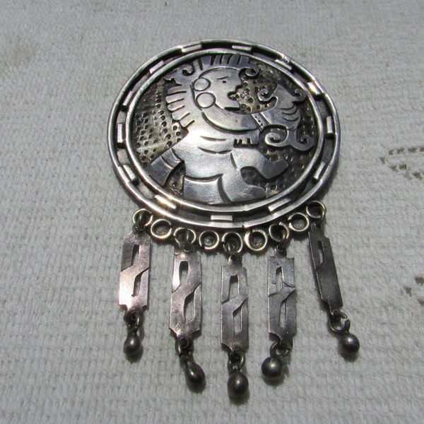 Vintage Jose Anton brooch large early Mexican antique silver Aztec god warrior brooch pin sterling signed pre eagle free shipping USA