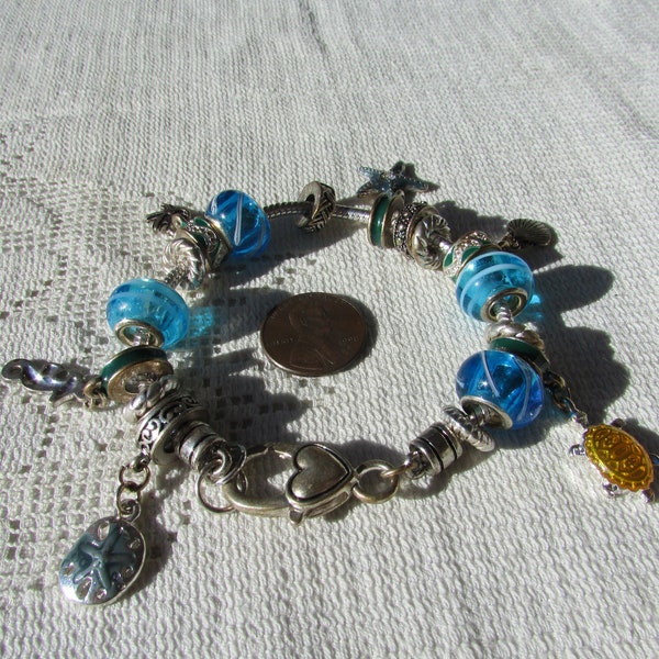 Vintage 90's charm bracelet Pandora style mermaid fully loaded chunky antique silver sea creatures charms blue glass free shipping USA