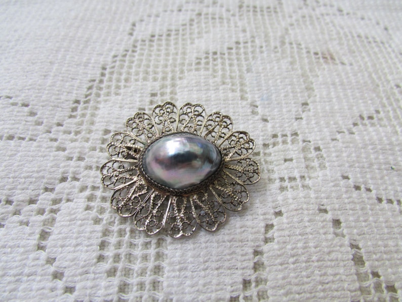Vintage silver filigree Osmena pearl set parure brooch ring earrings estate find free shipping USA