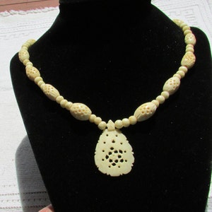 Vintage carved pendant and beads necklace funky bone choker single strand tribal boho free shipping USA