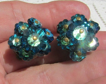 vintage 50's blue green crystal margaritas maguerites clip on earrings 50's  wedding bridal something blue free shipping USA