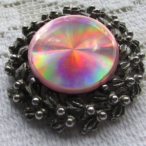 Vintage pink and silver holographic  brooch designer signed Jewelarama free shipping USA