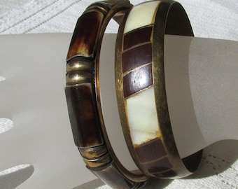 Vintage 60's chunky bangles lot of 2 bone, MOP and brass bracelets hippie boho free shipping USA