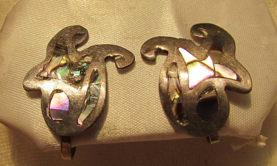 Vintage abalone silver alpaca Mexico earrings scr… - image 3